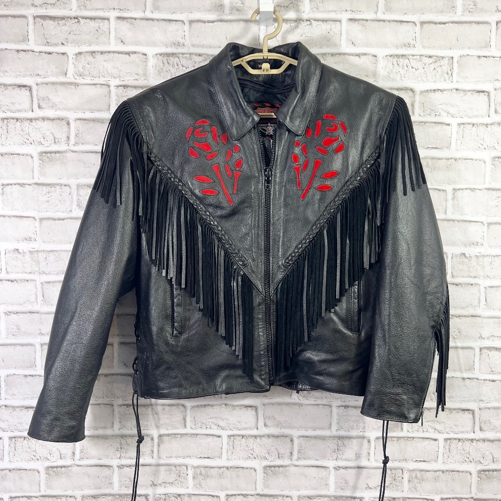🚫SOLD! 🏍️🌹|•INTERSTATE LEATHER•| Rose Inlay Fringe Heavy Black Leather Jacket Si - Picture 2 of 15